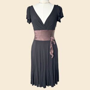 Vintage Black Flutter Sleeve Midi Dress with Satin Waist Tie